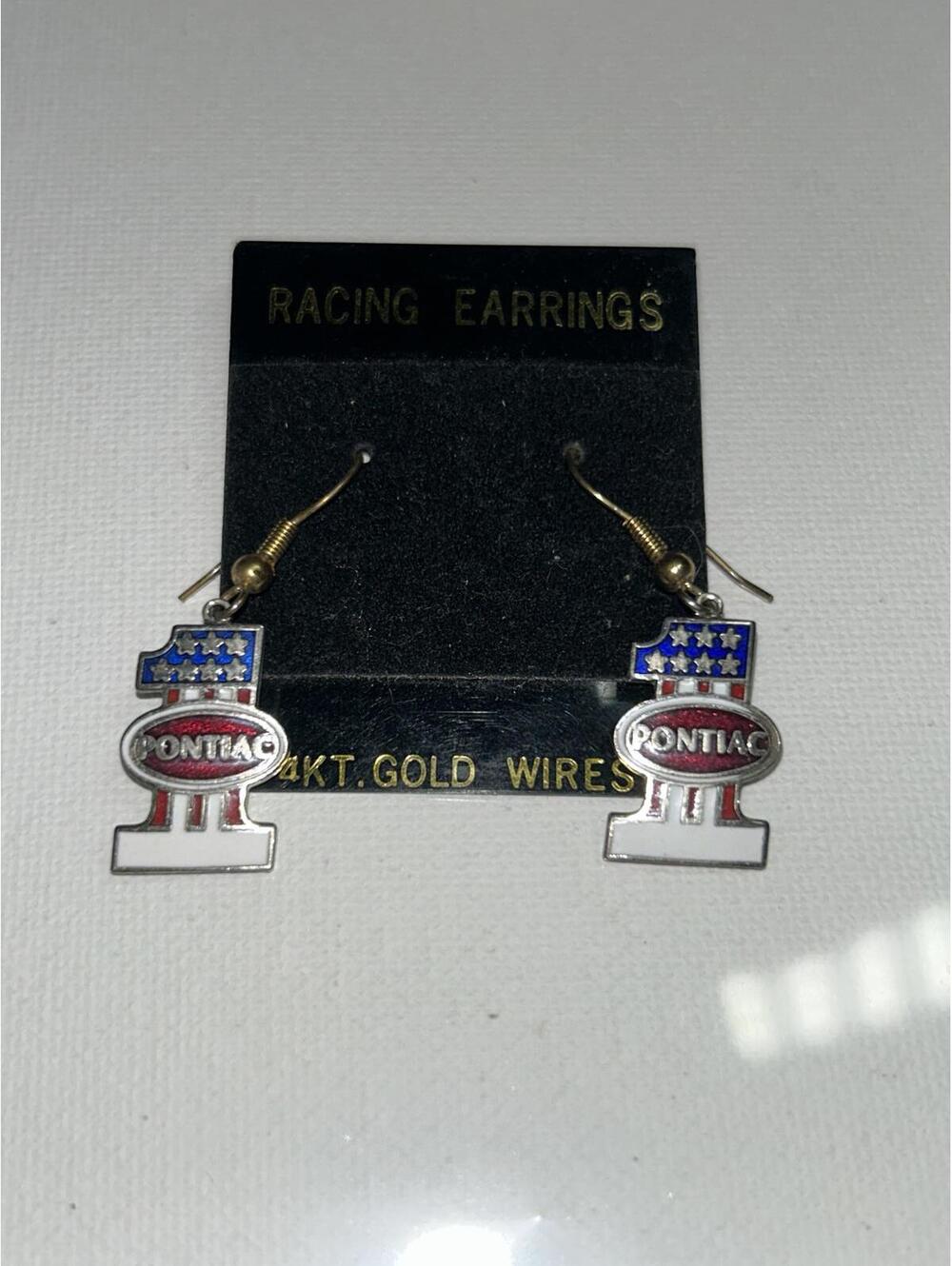 Pontiac 1 American Flag Racing Dangle Earrings 14kt gold posts Vintage